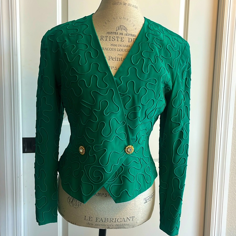 Vintage Liz Elena green ornate 100% SILK double breasted blazer gold buttons 8